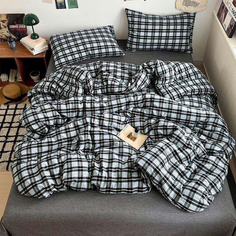 mixinni Vintage Grey & Pale Blue Buffalo Plaid Duvet Cover Set Full Size - 3 Piece Washed Cotton Bedding Set with Grid Pattern, Soft & Breathable Duvet Cover with Pillowcases for Boys, Men& Women - Image 2