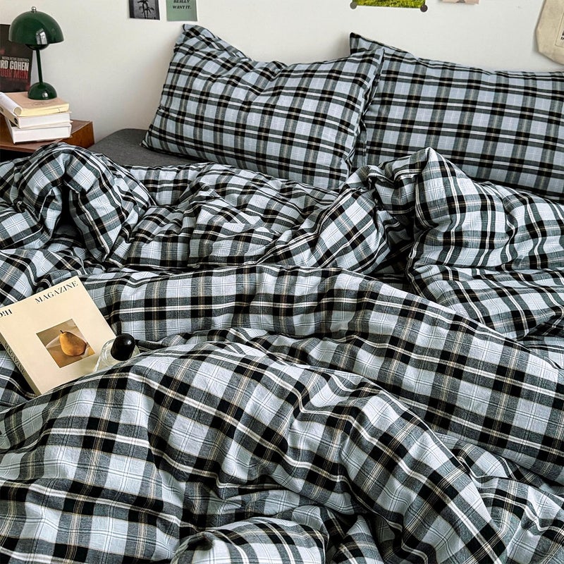 mixinni Vintage Grey & Pale Blue Buffalo Plaid Duvet Cover Set Full Size - 3 Piece Washed Cotton Bedding Set with Grid Pattern, Soft & Breathable Duvet Cover with Pillowcases for Boys, Men& Women - Image 3