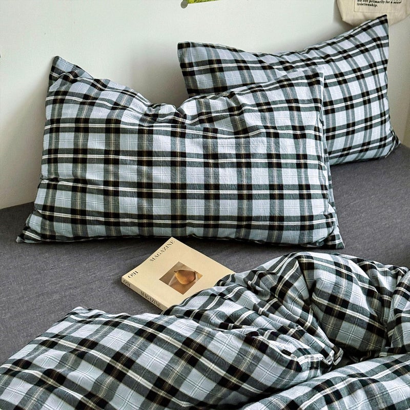 mixinni Vintage Grey & Pale Blue Buffalo Plaid Duvet Cover Set Full Size - 3 Piece Washed Cotton Bedding Set with Grid Pattern, Soft & Breathable Duvet Cover with Pillowcases for Boys, Men& Women - Image 5