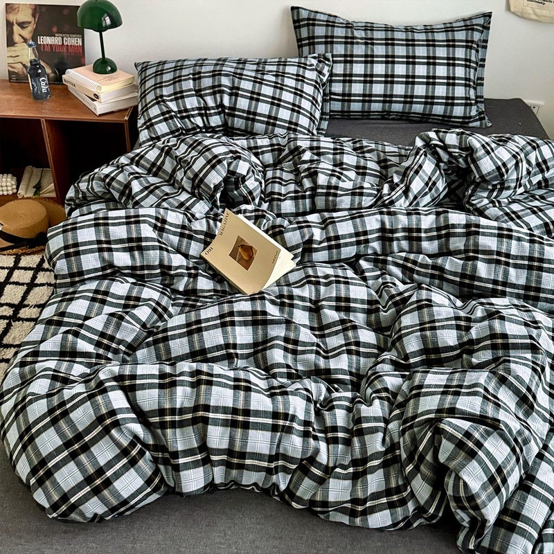 mixinni Vintage Grey & Pale Blue Buffalo Plaid Duvet Cover Set Full Size - 3 Piece Washed Cotton Bedding Set with Grid Pattern, Soft & Breathable Duvet Cover with Pillowcases for Boys, Men& Women - Image 4