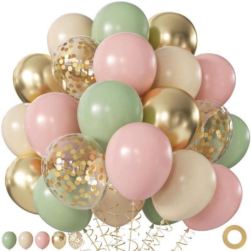JOYFLOAT Pink and Green Balloons, 60Pcs 12 Inch Sage Green Pink Sand White Gold Confetti Balloons for Boho Baby Shower Jungle Woodland Floral Fairy Birthday Party Decorations - Image 1