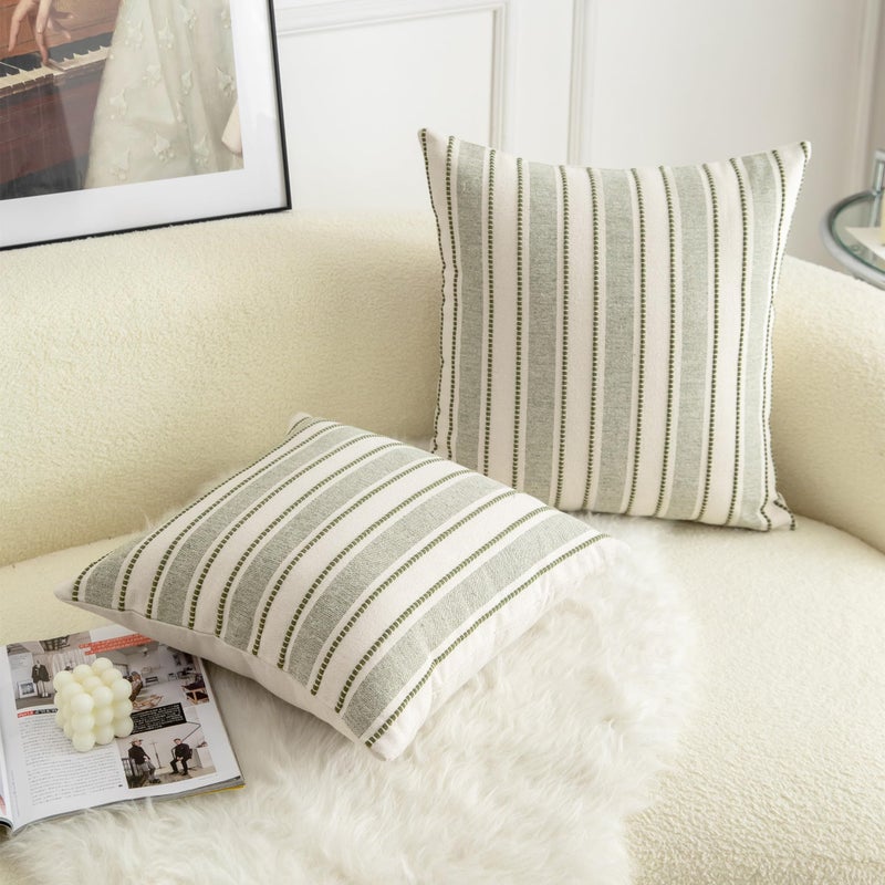 Cethom Decorative Boho Throw Pillow Covers, Farmhouse Textured Pillow Case, 22 x 22 Inch Set of 2, Chair Sofa Bedroom Living Room Home Decor Couch Cushion Case, Olive Green and Beige Striped - Image 3
