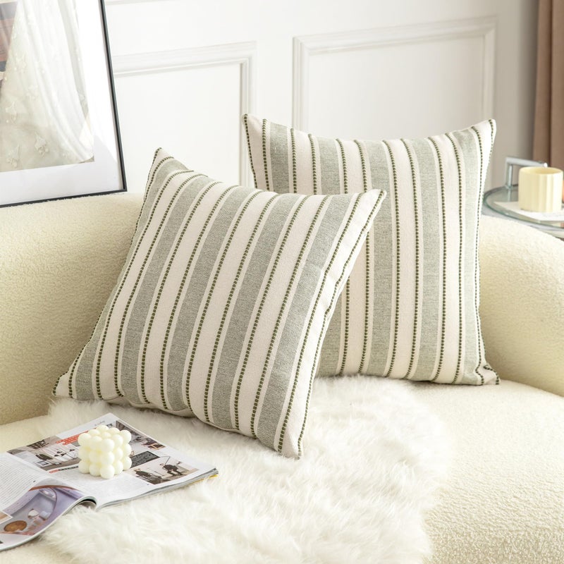 Cethom Decorative Boho Throw Pillow Covers, Farmhouse Textured Pillow Case, 22 x 22 Inch Set of 2, Chair Sofa Bedroom Living Room Home Decor Couch Cushion Case, Olive Green and Beige Striped - Image 2