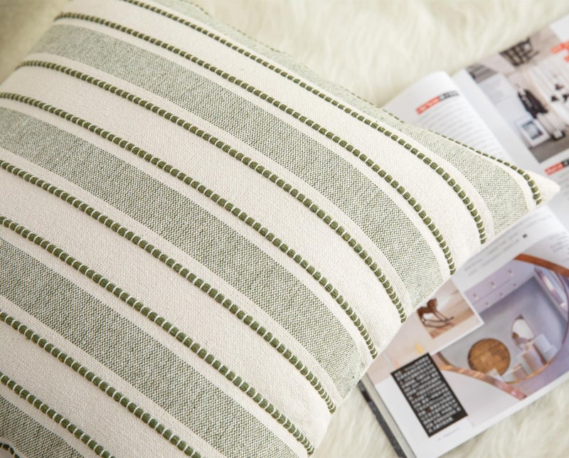 Cethom Decorative Boho Throw Pillow Covers, Farmhouse Textured Pillow Case, 22 x 22 Inch Set of 2, Chair Sofa Bedroom Living Room Home Decor Couch Cushion Case, Olive Green and Beige Striped - Image 4