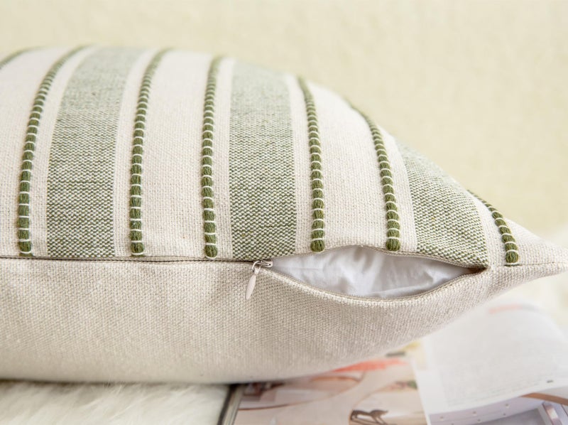 Cethom Decorative Boho Throw Pillow Covers, Farmhouse Textured Pillow Case, 22 x 22 Inch Set of 2, Chair Sofa Bedroom Living Room Home Decor Couch Cushion Case, Olive Green and Beige Striped - Image 5