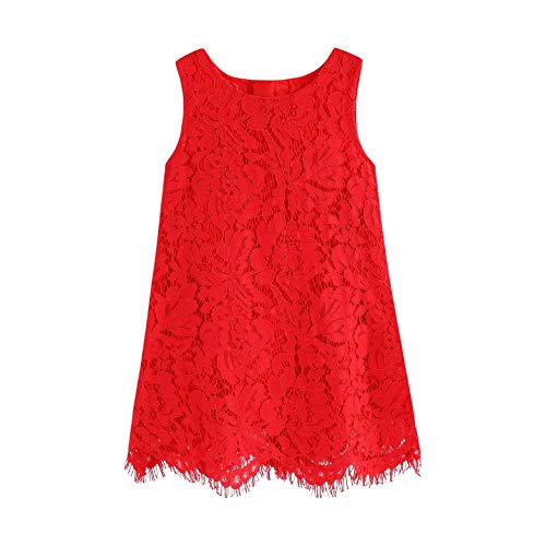 Mud Kingdom Toddler Girls Lace Dress Sleeveless Floral Elegant Solid Color Casual A-line Crew Neck Red 2T - Image 1