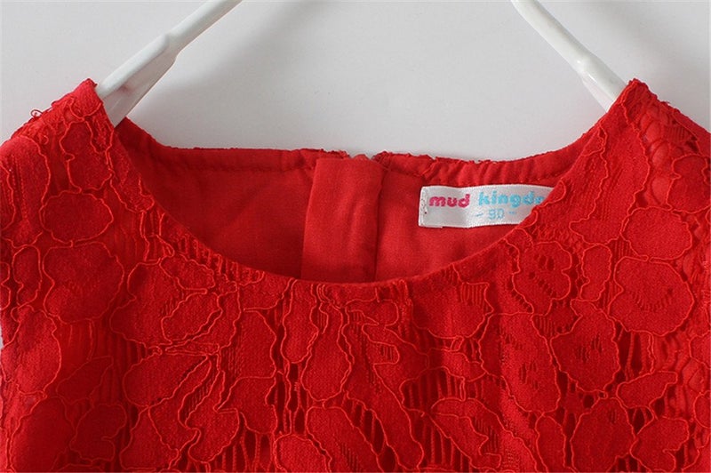 Mud Kingdom Toddler Girls Lace Dress Sleeveless Floral Elegant Solid Color Casual A-line Crew Neck Red 2T - Image 2