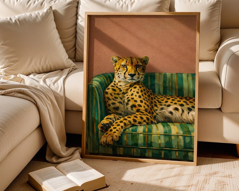 TNESSENTIAL Cheetah on Green Sofa Poster: Vintage Style, Dark Academia Animal Lounge Decor - Image 2