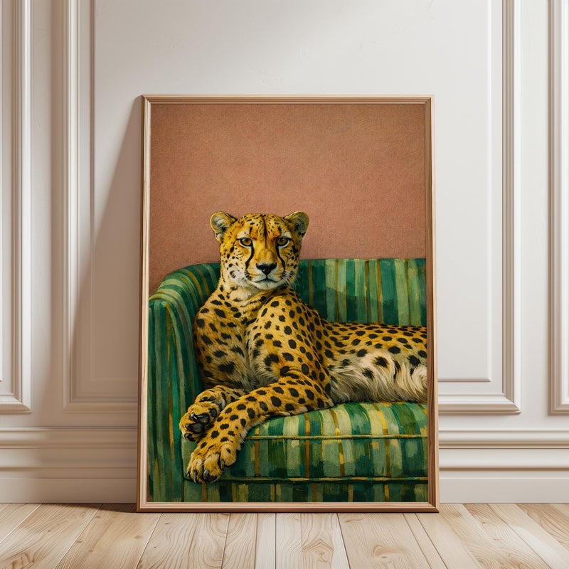 TNESSENTIAL Cheetah on Green Sofa Poster: Vintage Style, Dark Academia Animal Lounge Decor - Image 1