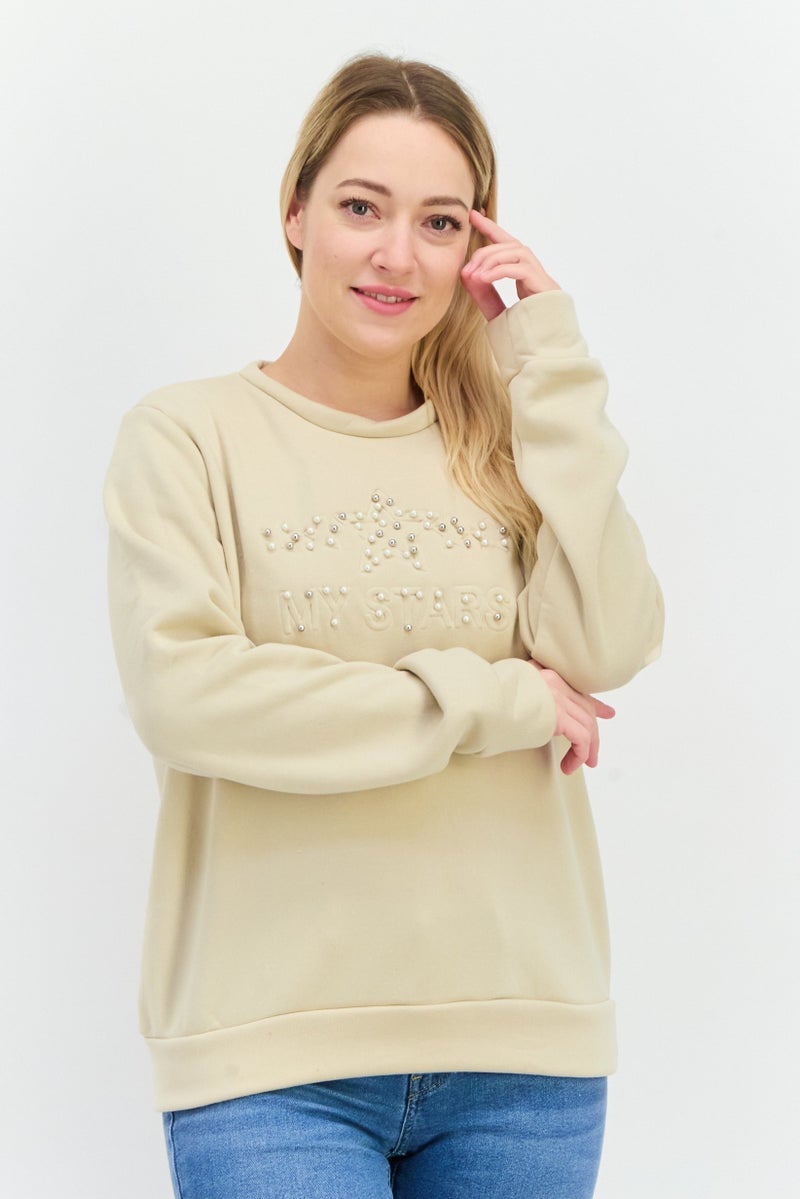 Buzz Women Round Neck Long Sleeves Embillished Sweatshirt, Beige - Image 1