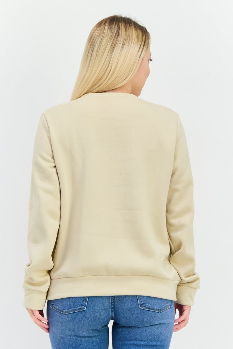 Buzz Women Round Neck Long Sleeves Embillished Sweatshirt, Beige - Image 3