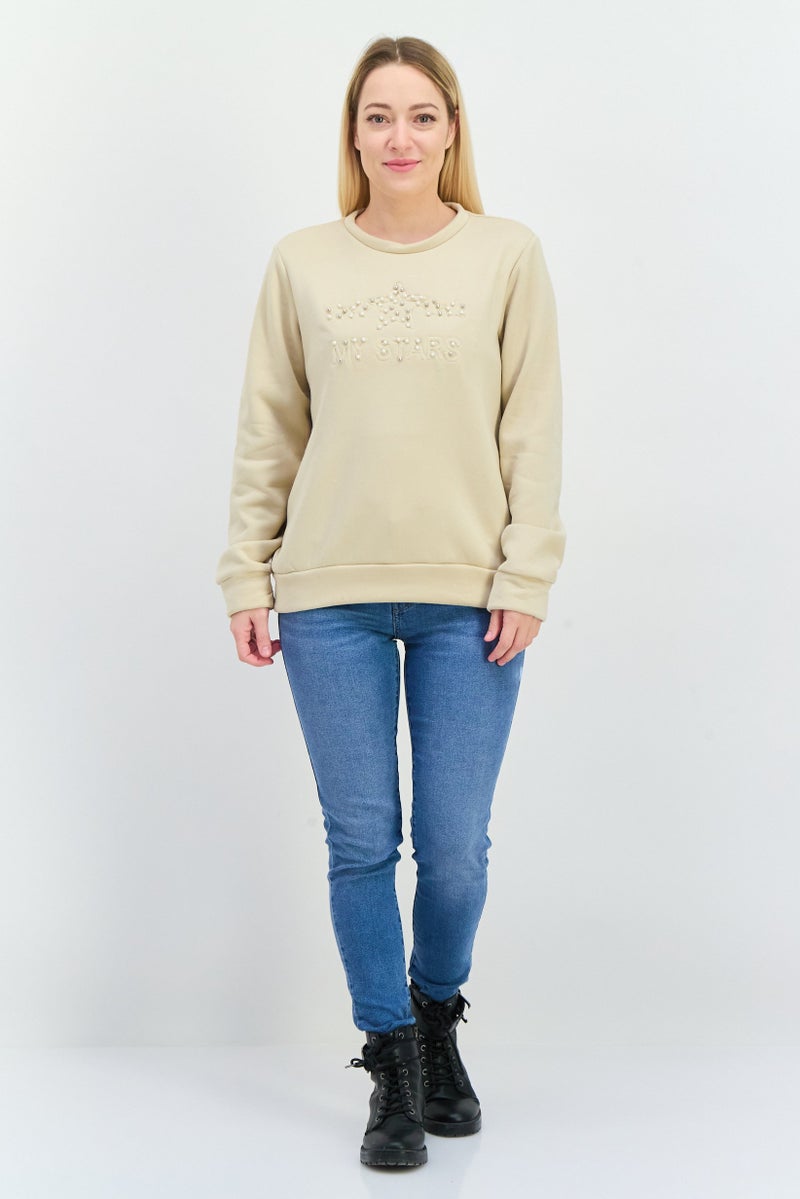 Buzz Women Round Neck Long Sleeves Embillished Sweatshirt, Beige - Image 4