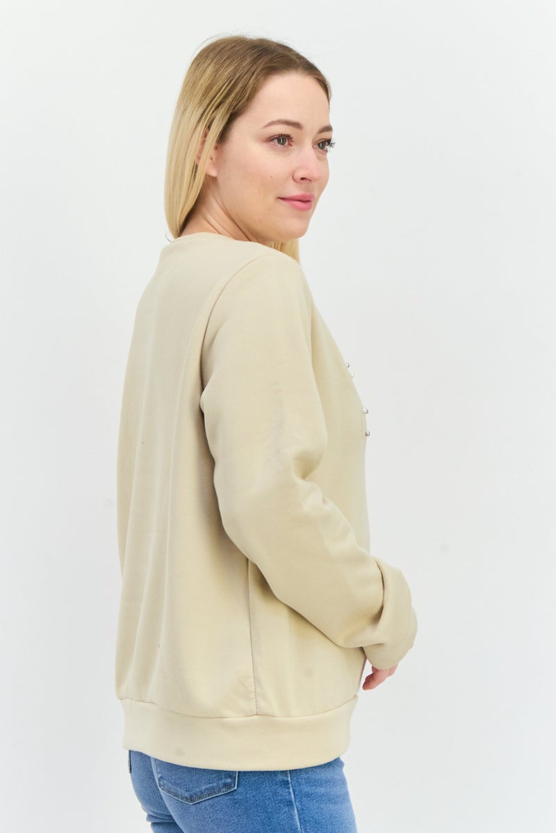 Buzz Women Round Neck Long Sleeves Embillished Sweatshirt, Beige - Image 2