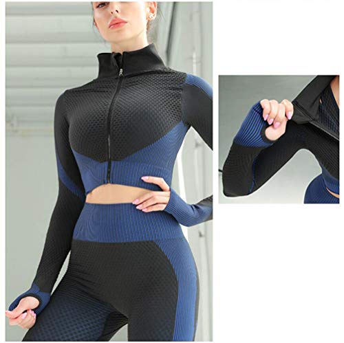 Veriliss Women's 3pcs Seamless Outfits Workout Sets,Gym Clothes Yoga Sportswear Leggings and Stretch Sports Bra Gym jumpsuits Clothes Set (BlackBlue, M) - Image 2