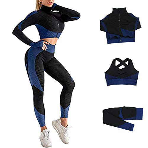 Veriliss Women's 3pcs Seamless Outfits Workout Sets,Gym Clothes Yoga Sportswear Leggings and Stretch Sports Bra Gym jumpsuits Clothes Set (BlackBlue, M) - Image 1