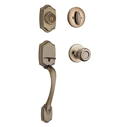 Kwikset Belleview Front Door Lock Handle and Deadbolt Set, Entry Handleset Exterior with Interior Door Knob, Antique Brass, Pick Resistant SmartKey Rekey Deadbolt Security - Image 1
