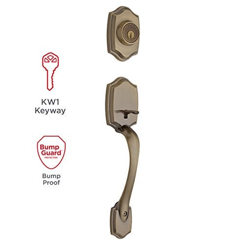 Kwikset Belleview Front Door Lock Handle and Deadbolt Set, Entry Handleset Exterior with Interior Door Knob, Antique Brass, Pick Resistant SmartKey Rekey Deadbolt Security - Image 2