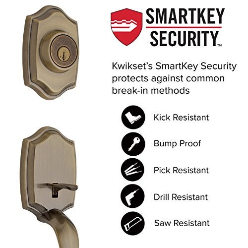 Kwikset Belleview Front Door Lock Handle and Deadbolt Set, Entry Handleset Exterior with Interior Door Knob, Antique Brass, Pick Resistant SmartKey Rekey Deadbolt Security - Image 4