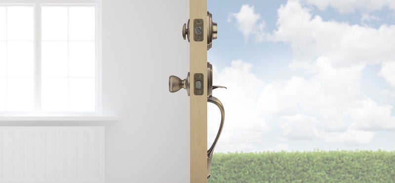 Kwikset Belleview Front Door Lock Handle and Deadbolt Set, Entry Handleset Exterior with Interior Door Knob, Antique Brass, Pick Resistant SmartKey Rekey Deadbolt Security - Image 3