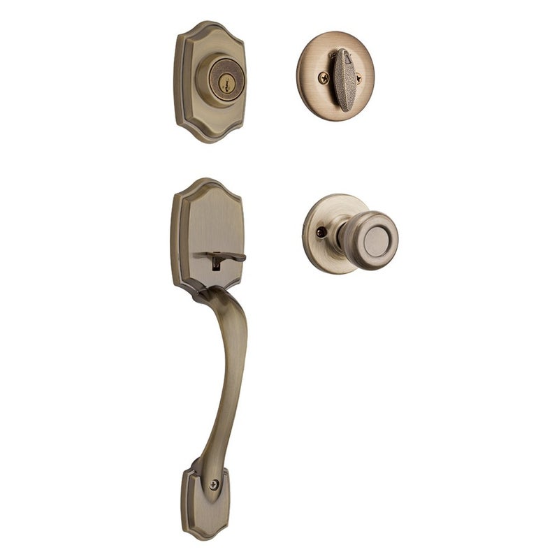 Kwikset Belleview Front Door Lock Handle and Deadbolt Set, Entry Handleset Exterior with Interior Door Knob, Antique Brass, Pick Resistant SmartKey Rekey Deadbolt Security - Image 5