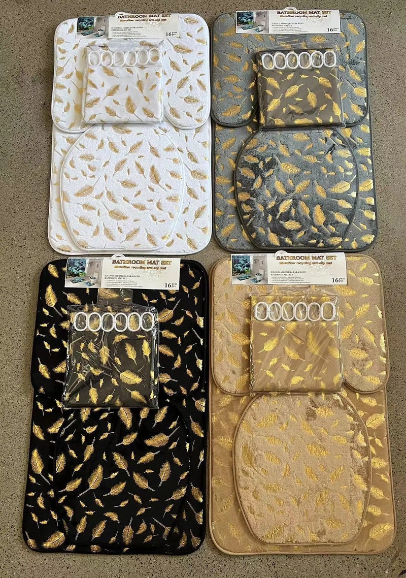 Y&D Polyester Gold Stamping Printed Bath Mats Toilet Bathroom Lid Shower Curtain Sets Two Three Four Sets Sponge Floor Mat - Image 3