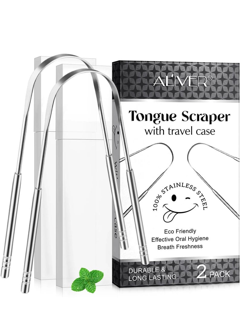 ALIVER 2pack Tongue Scraper Stainless Steel Tongue Cleaners with Travel Box Tongue Cleaner Tool for Oral Hygiene Fresh Breath Reduce Bad Breath Reusable Tongue Scrapers for Adults Silver  - Image 1