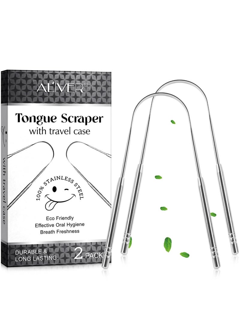 ALIVER 2pack Tongue Scraper Stainless Steel Tongue Cleaners with Travel Box Tongue Cleaner Tool for Oral Hygiene Fresh Breath Reduce Bad Breath Reusable Tongue Scrapers for Adults Silver  - Image 2