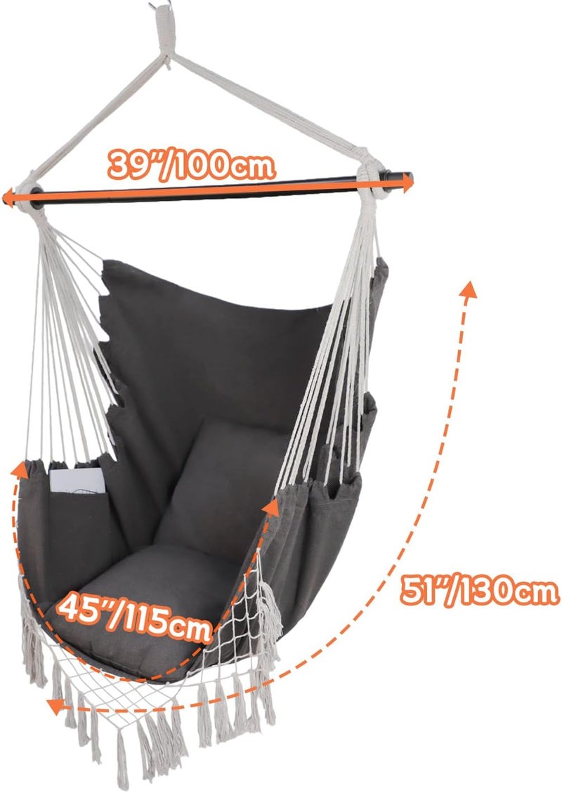 PIRNY Hammock Chair Hanging Rope Swing Chair,Max 500 Lbs, Large Hanging Chair with Pocket, 2 Cushions, Removable Steel Bar, Hardware Kit Included, Superior Comfort for Indoor Outdoor (Dark Grey) - Image 4