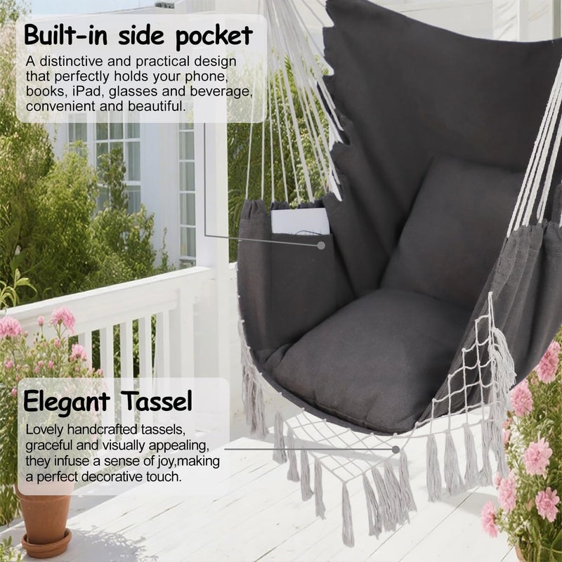 PIRNY Hammock Chair Hanging Rope Swing Chair,Max 500 Lbs, Large Hanging Chair with Pocket, 2 Cushions, Removable Steel Bar, Hardware Kit Included, Superior Comfort for Indoor Outdoor (Dark Grey) - Image 2