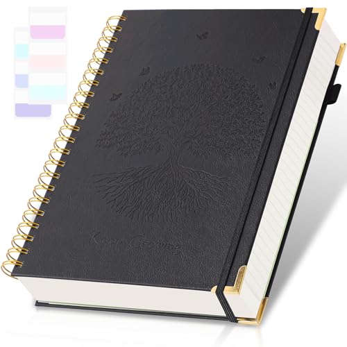 Amanple Spiral Notebook, College Ruled Notebook, A5, 300 Pages Leather Journals for Writing, 5.7" x 8.5" Hardcover Journaling Notebooks for Work School, 24pcs Tabs, Large Embossed Journal for Women Men, Black - Image 1