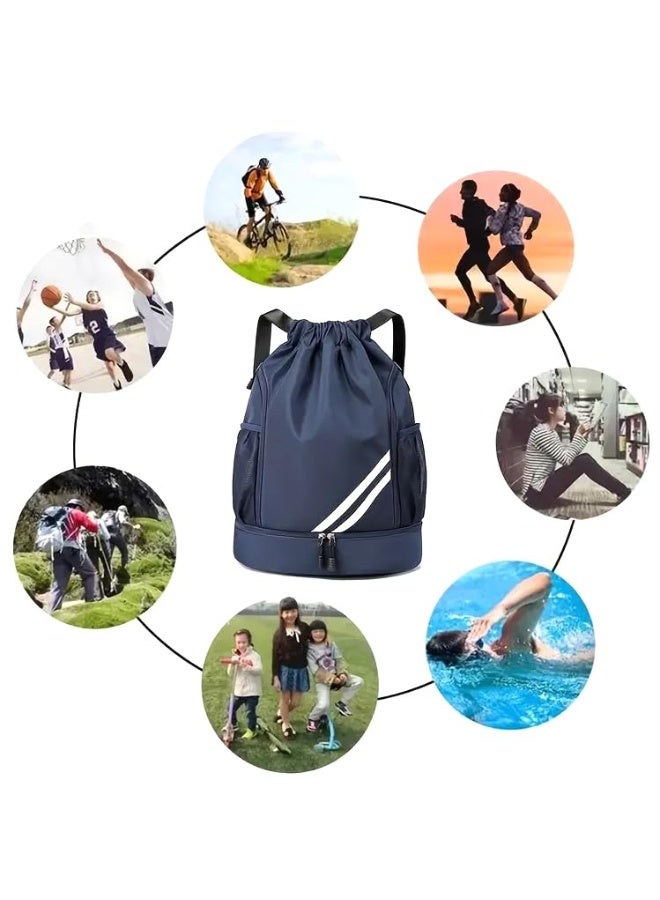 MXM Travel Sport Casual UNISEX Drawstring Backpack with Zipper, Large Capacity, Adjustable, Multiple Compts, Mesh Pocket for Gym, School, Laptop, Travels, Basketball & Football Outdoor (Dark Blue) - Image 2