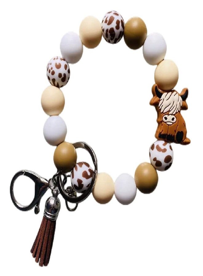 Lemua Highland Cow Keychain Wristlet Highland Cow Gifts for Women Silicone Key Ring Bracelet Bead Keychain Accessories for Women - Image 1