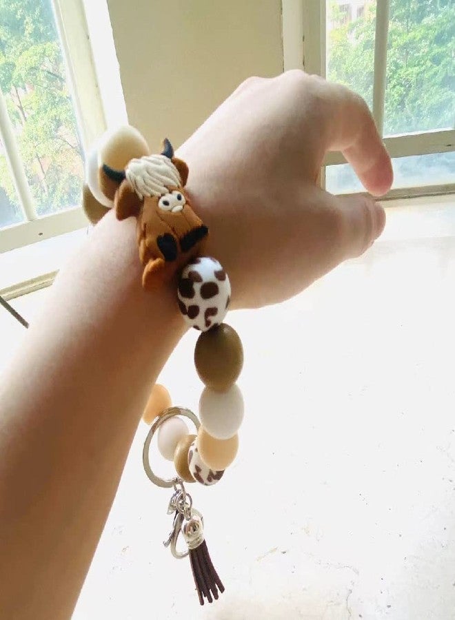 Lemua Highland Cow Keychain Wristlet Highland Cow Gifts for Women Silicone Key Ring Bracelet Bead Keychain Accessories for Women - Image 4