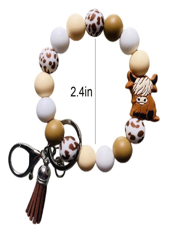 Lemua Highland Cow Keychain Wristlet Highland Cow Gifts for Women Silicone Key Ring Bracelet Bead Keychain Accessories for Women - Image 5