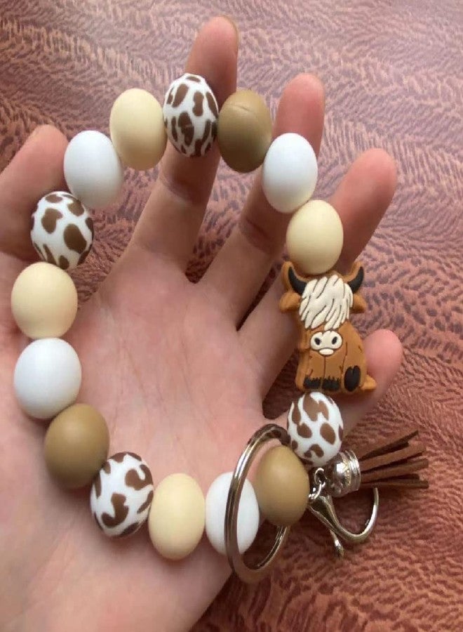 Lemua Highland Cow Keychain Wristlet Highland Cow Gifts for Women Silicone Key Ring Bracelet Bead Keychain Accessories for Women - Image 3