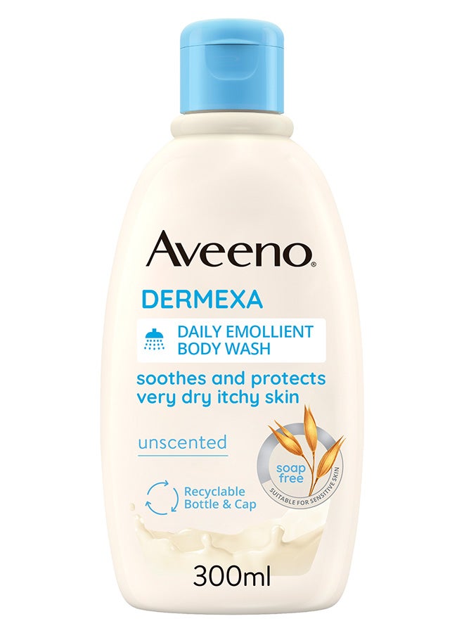 Aveeno Dermexa Daily Emollient Body Wash, With Soothing Oat Complex and Ceramides, Suitable For Sensitive Skin, Soothes & Protects Very Dry Itchy Skin, Unscented, Soap Free, 300ml - Image 1