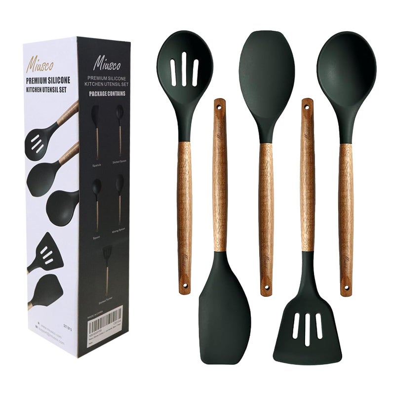 Miusco NonStick Silicone Cooking Utensils Set with Natural Acacia Hard Wood Handle 5 Piece High Heat Resistant Green