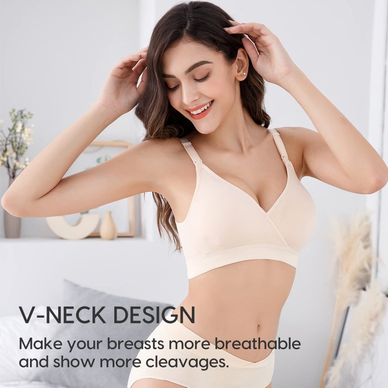 Vinfact 3 Pack Nursing Bras for Breastfeeding Seamless V Neck Maternity Bra Women Pregnancy Breastfeeding Bra - XL,Black/Nude/Grey - Image 3