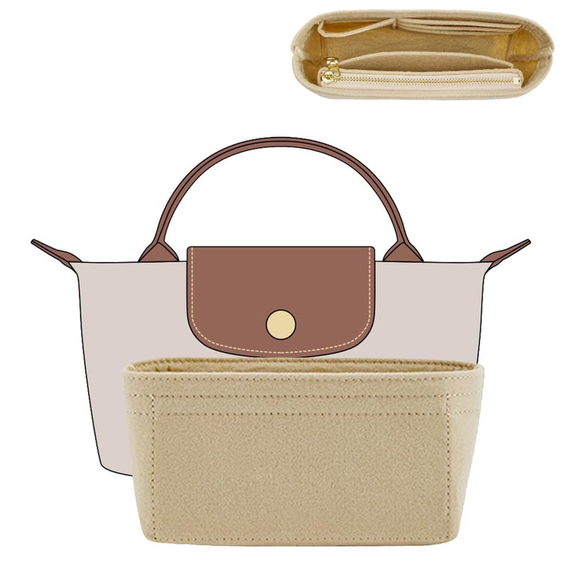 Doxo Purse Organizer Insert for Longchamp Le Pliage XS Premium Felt Tote Bag Organizer with 7 Compartments and Zippered Pocket Beige Mini - Image 2