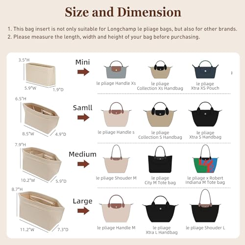 Doxo Purse Organizer Insert for Longchamp Le Pliage XS Premium Felt Tote Bag Organizer with 7 Compartments and Zippered Pocket Beige Mini - Image 3