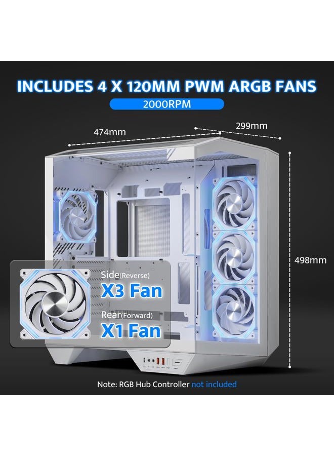 DarkFlash صندوق ألعاب كمبيوتر ATX كامل البرج، لوحة أم قابلة للتوصيل من الخلف، غرفة مزدوجة، زجاج بانورامي، يدعم حتى 2 × 360 مم رادياتور، متوافق مع RTX 40 (DY470) (4 مراوح PWM ARGB، أبيض) - Image 5