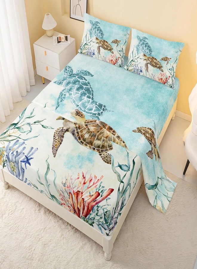 CVHouse Sea Turtle Bed Sheets Set, Queen Size - Watercolor Ocean Bedding with 1 Flat Sheet & 1 Fitted Sheet & 2 Pillow Cases - 4 Pieces - Image 1
