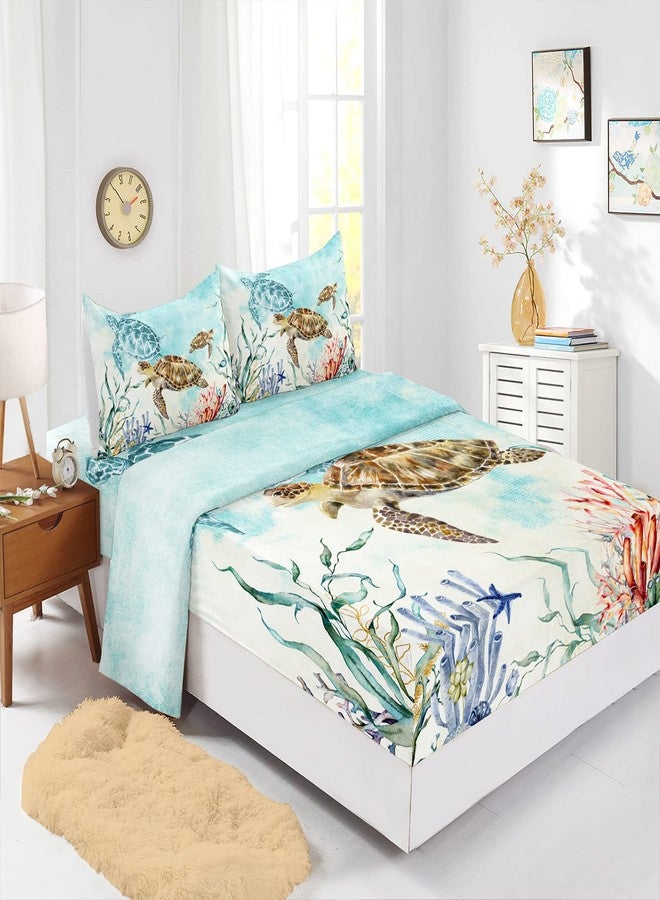 CVHouse Sea Turtle Bed Sheets Set, Queen Size - Watercolor Ocean Bedding with 1 Flat Sheet & 1 Fitted Sheet & 2 Pillow Cases - 4 Pieces - Image 2