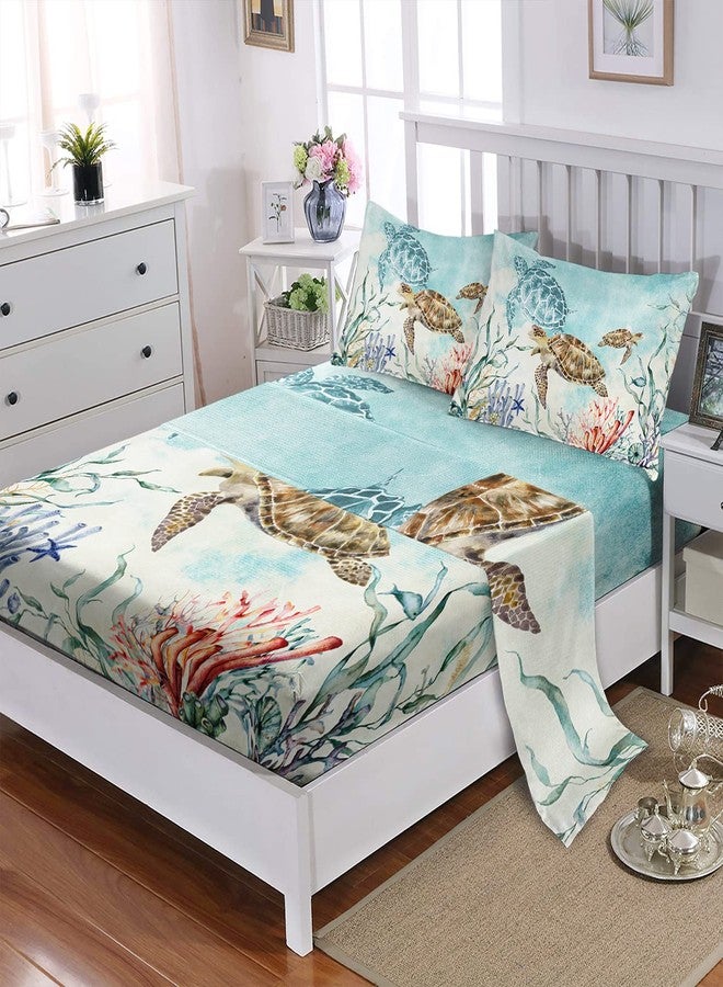 CVHouse Sea Turtle Bed Sheets Set, Queen Size - Watercolor Ocean Bedding with 1 Flat Sheet & 1 Fitted Sheet & 2 Pillow Cases - 4 Pieces - Image 3