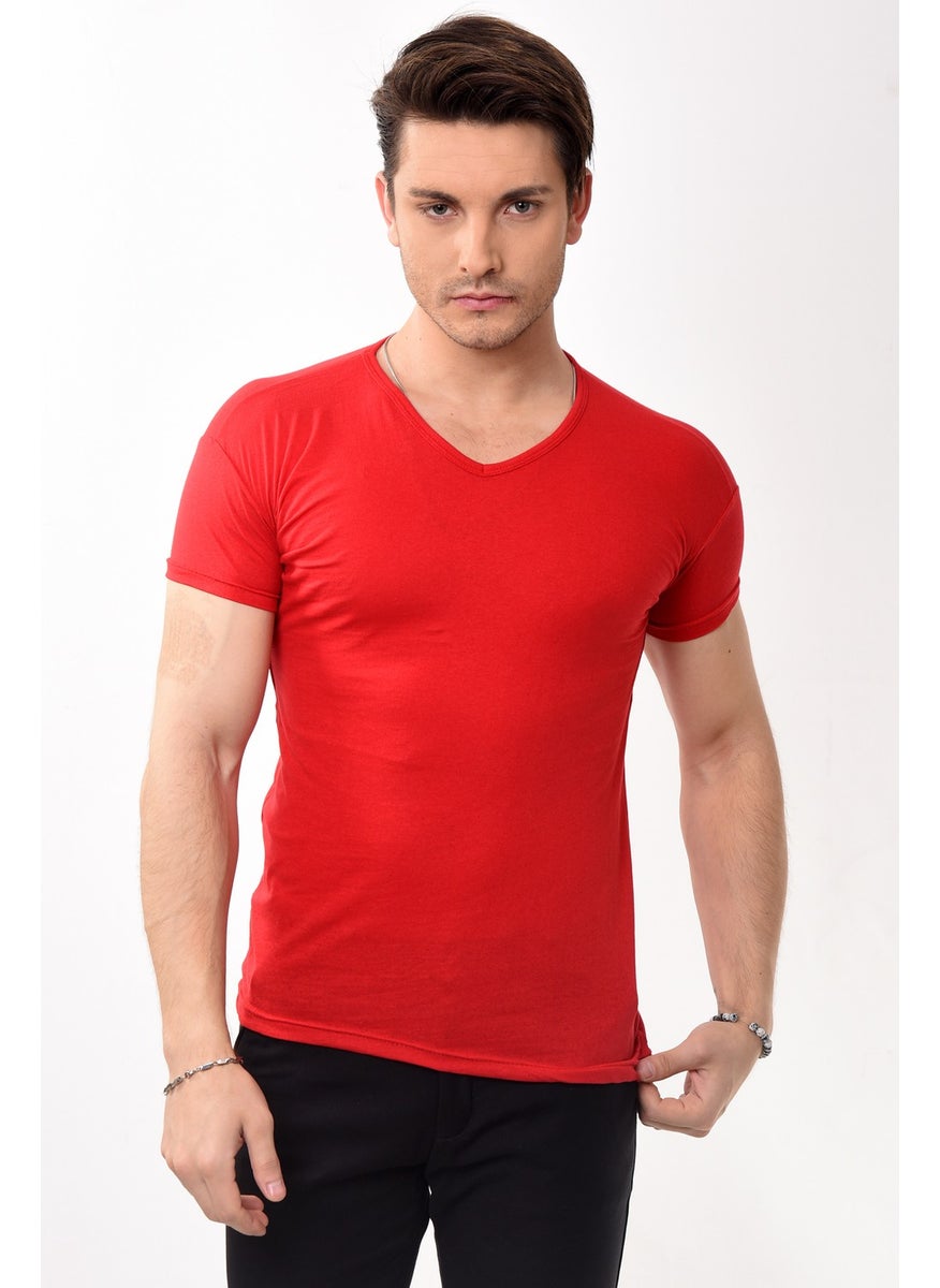 Belifanti Collection - تي شيرت أساسي ضيق للرجال بياقة على شكل حرف V باللون الأحمر - Image 1
