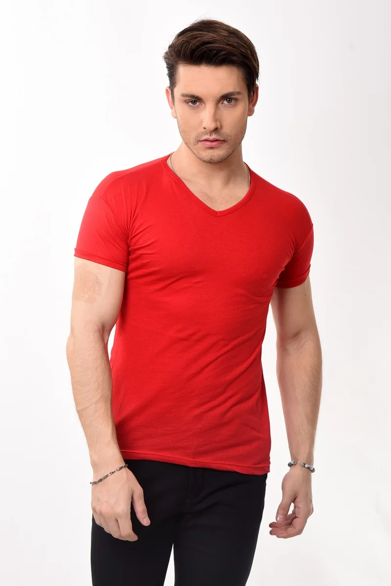 بيليفانتي كولكشن V-Neck Basic Slim Fit Men's T-Shirt Red