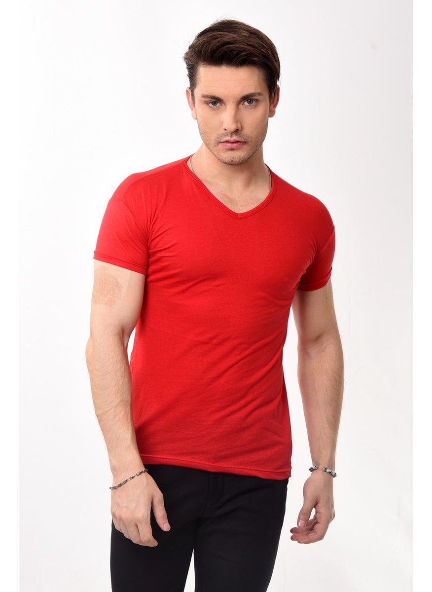Belifanti Collection - تي شيرت أساسي ضيق للرجال بياقة على شكل حرف V باللون الأحمر - Image 1