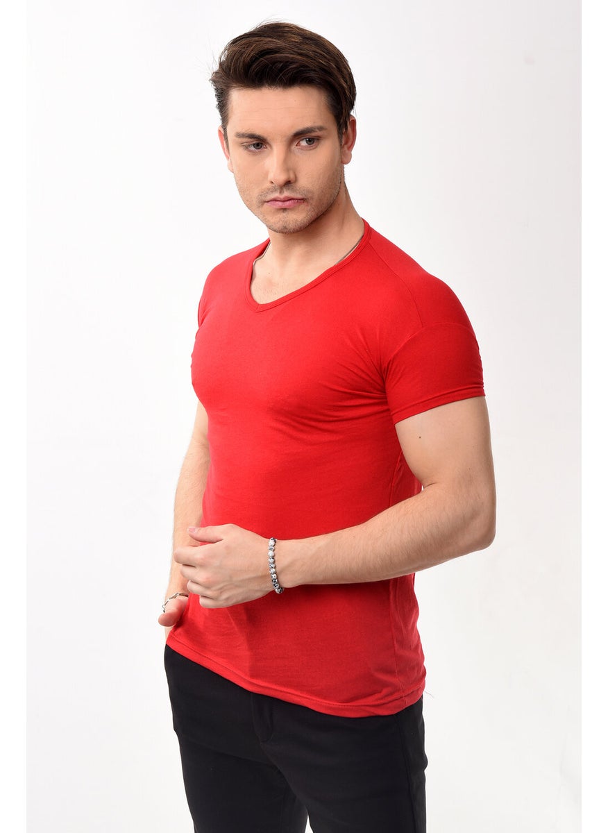 Belifanti Collection - تي شيرت أساسي ضيق للرجال بياقة على شكل حرف V باللون الأحمر - Image 1