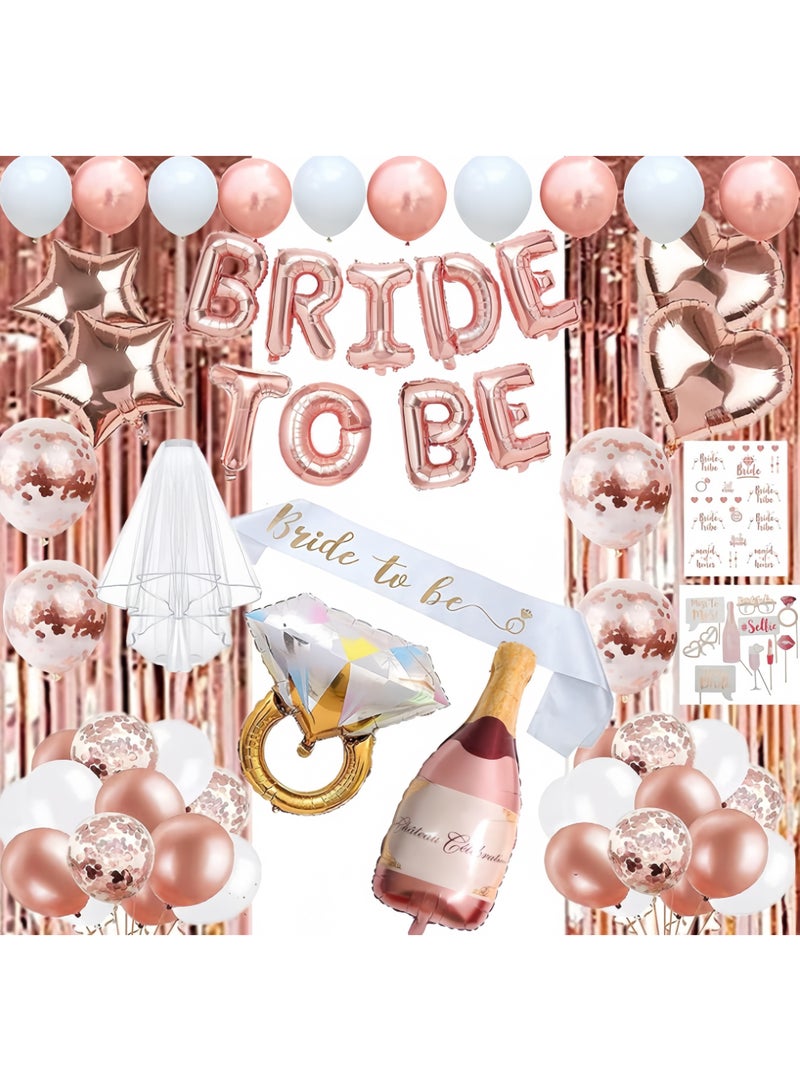 عالم البالونات مجموعة من 82 قطعة من زينة حفلات توديع العزوبية باللون الذهبي الوردي، ومستلزمات حفلات توديع العزوبية، ووشاح، ووشوم مؤقتة، وبالونات قصاصات ورقية، وستارة هامشية. - Image 1