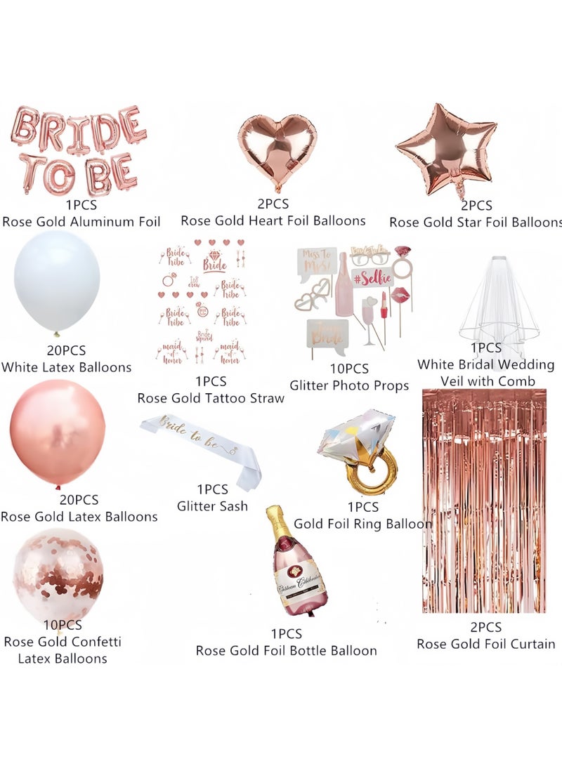 عالم البالونات مجموعة من 82 قطعة من زينة حفلات توديع العزوبية باللون الذهبي الوردي، ومستلزمات حفلات توديع العزوبية، ووشاح، ووشوم مؤقتة، وبالونات قصاصات ورقية، وستارة هامشية. - Image 2